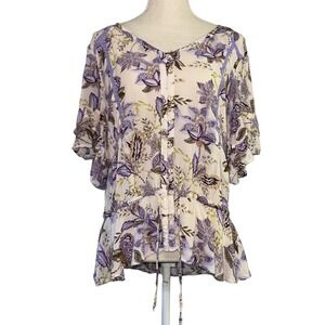 Wit & Wisdom Women's Top Double Flounce Sleeve Blouse Purple Size L Short Sleeve